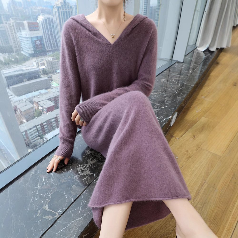 Spring and Autumn Collar Hooded Mink Dress Women's Loose Knitted Sweater Bottoming Long Skirt Sweater Dress - Image 9