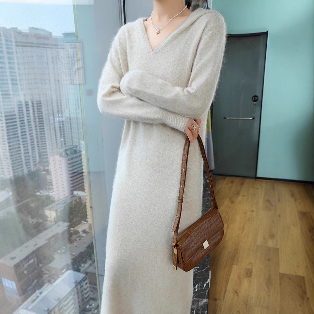 Spring and Autumn Collar Hooded Mink Dress Women's Loose Knitted Sweater Bottoming Long Skirt Sweater Dress