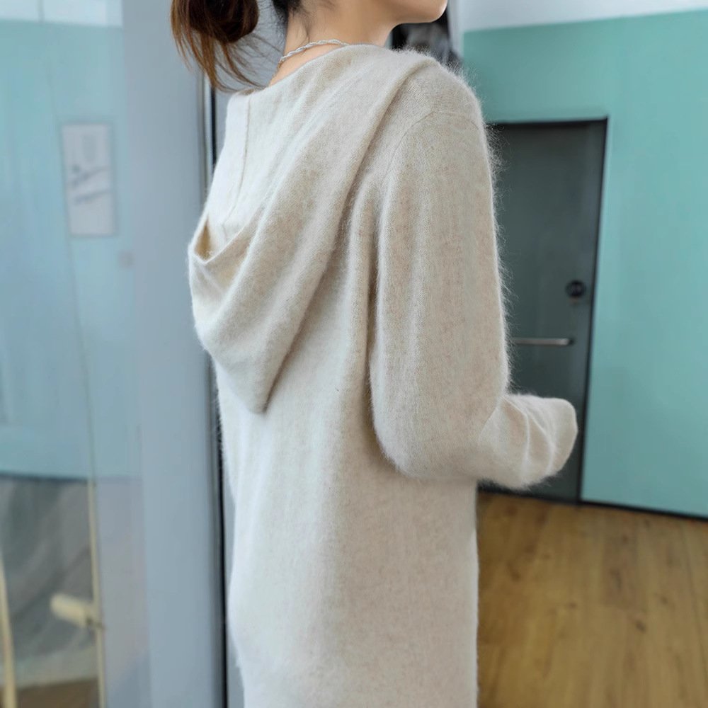 Spring and Autumn Collar Hooded Mink Dress Women's Loose Knitted Sweater Bottoming Long Skirt Sweater Dress - Image 2