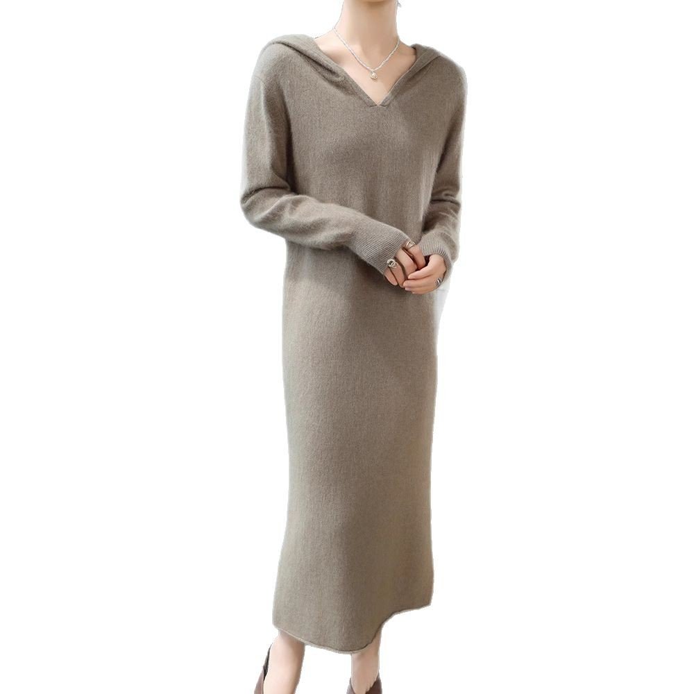 Spring and Autumn Collar Hooded Mink Dress Women's Loose Knitted Sweater Bottoming Long Skirt Sweater Dress - Image 3