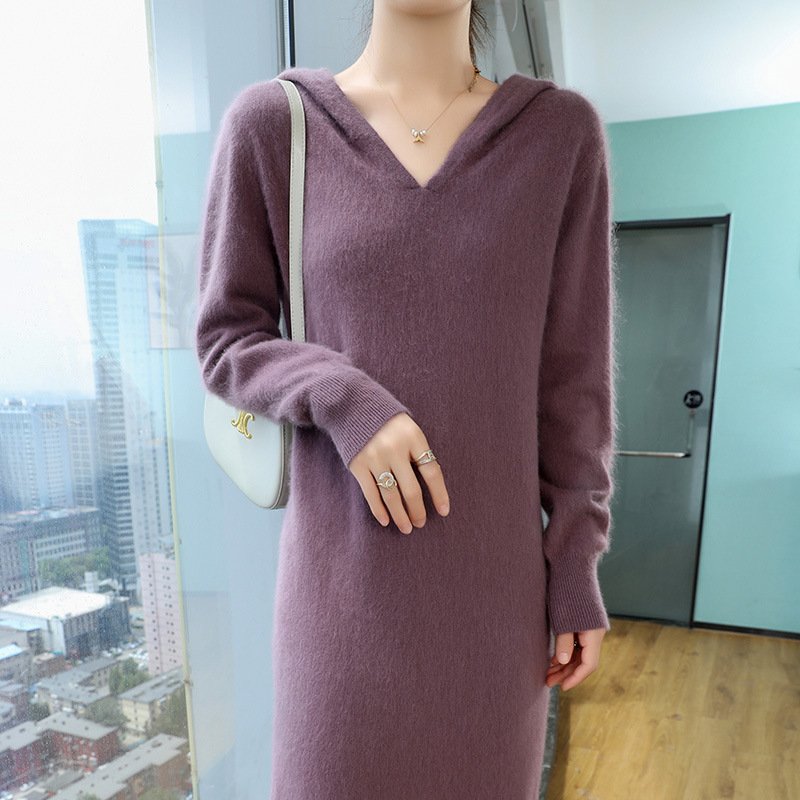 Spring and Autumn Collar Hooded Mink Dress Women's Loose Knitted Sweater Bottoming Long Skirt Sweater Dress - Image 5