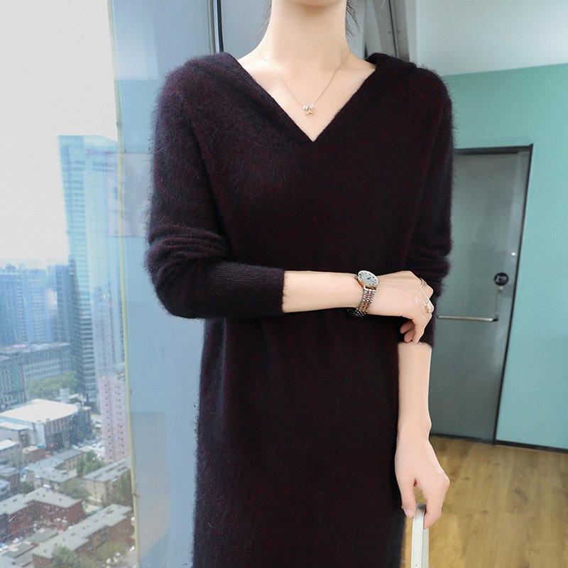 Spring and Autumn Collar Hooded Mink Dress Women's Loose Knitted Sweater Bottoming Long Skirt Sweater Dress - Image 6
