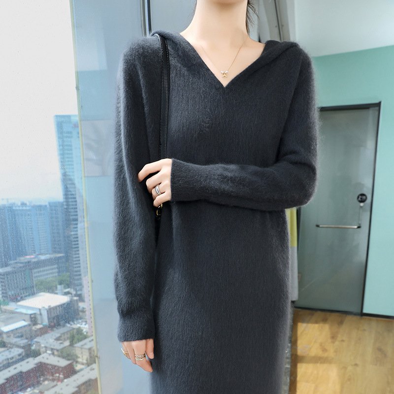 Spring and Autumn Collar Hooded Mink Dress Women's Loose Knitted Sweater Bottoming Long Skirt Sweater Dress - Image 8