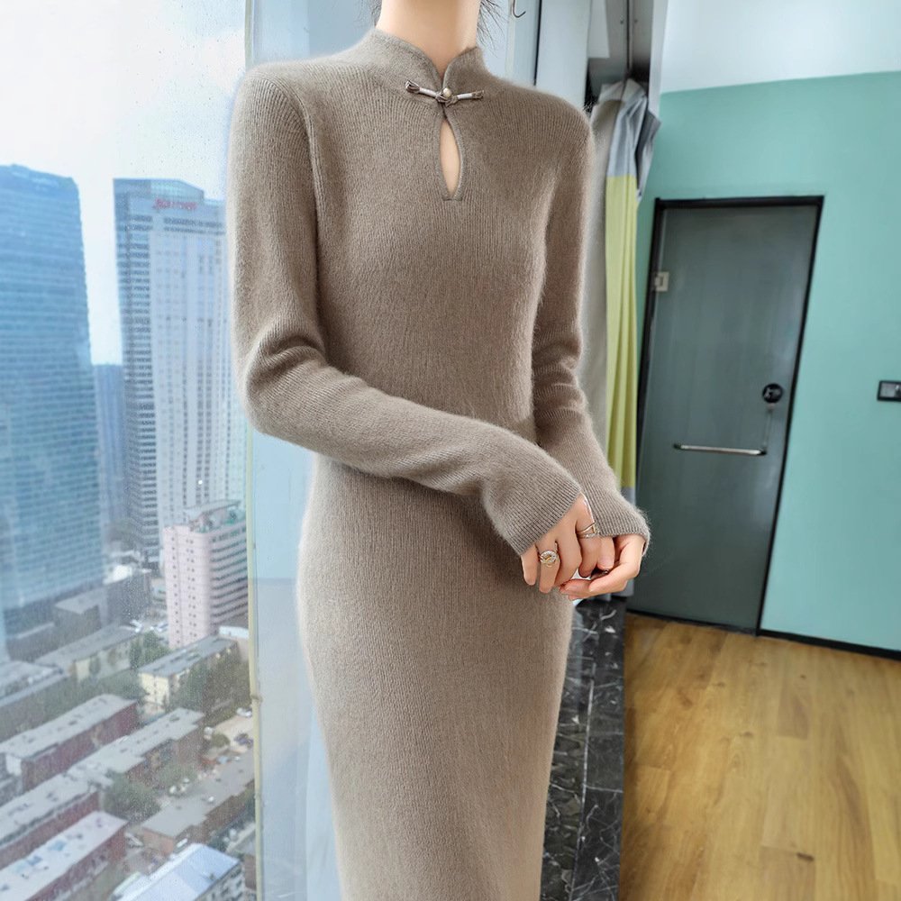 Spring and autumn Chinese-style cheongsam stand-up collar plate-button mink velvet sweater dress slim and slim sweater skirt - Image 14