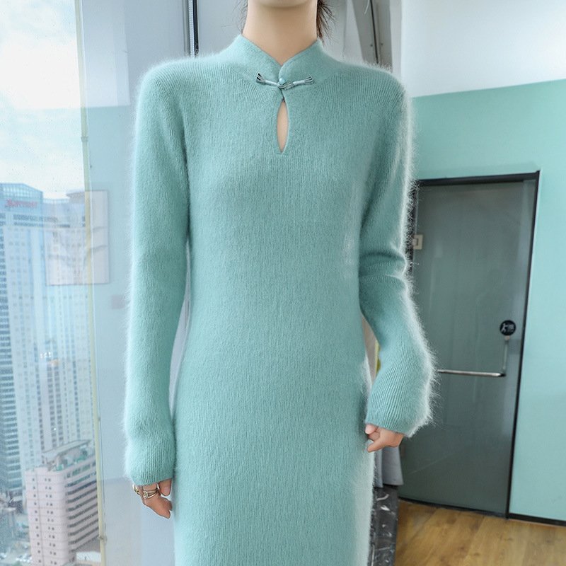 Spring and autumn Chinese-style cheongsam stand-up collar plate-button mink velvet sweater dress slim and slim sweater skirt - Image 16