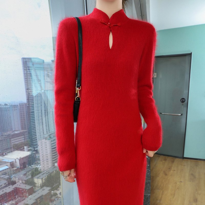 Spring and autumn Chinese-style cheongsam stand-up collar plate-button mink velvet sweater dress slim and slim sweater skirt - Image 17
