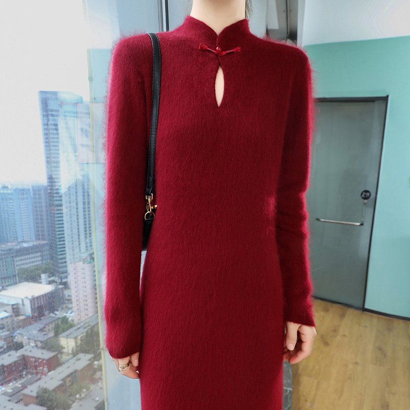 Spring and autumn Chinese-style cheongsam stand-up collar plate-button mink velvet sweater dress slim and slim sweater skirt - Image 23