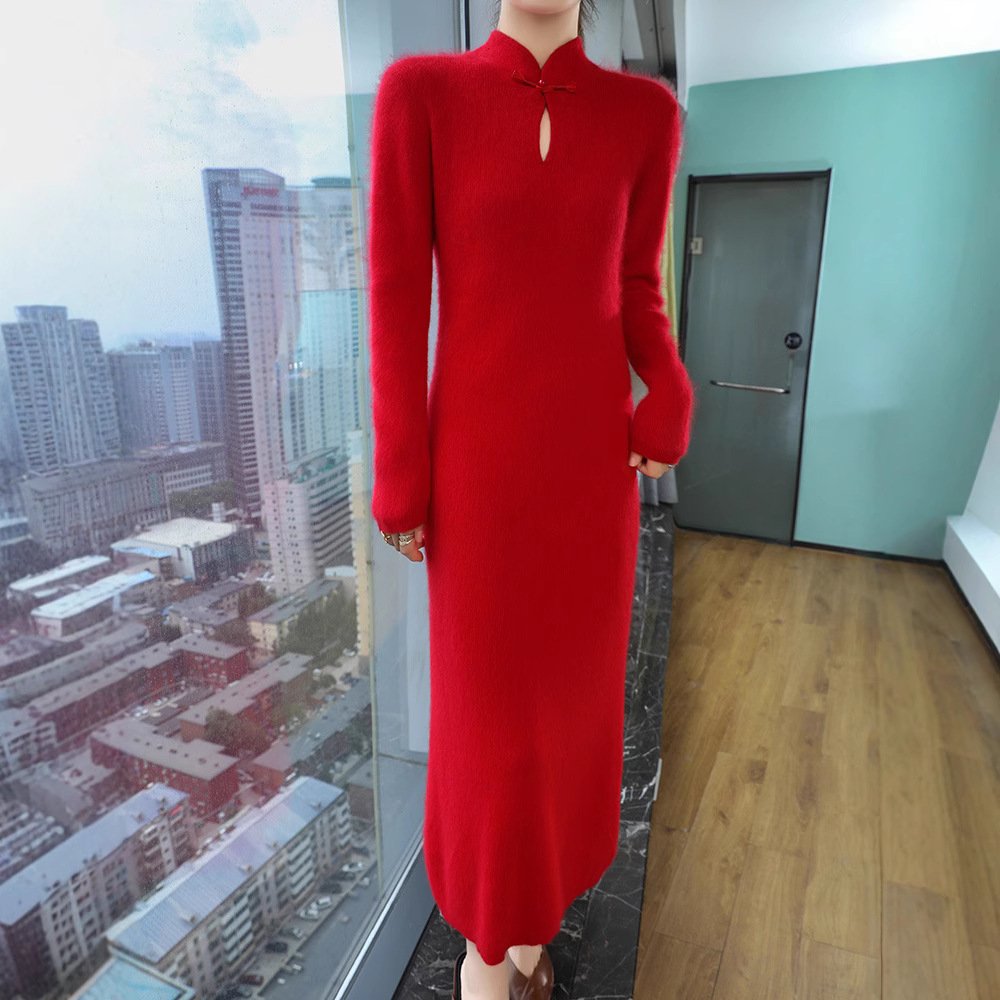 Spring and autumn Chinese-style cheongsam stand-up collar plate-button mink velvet sweater dress slim and slim sweater skirt - Image 2