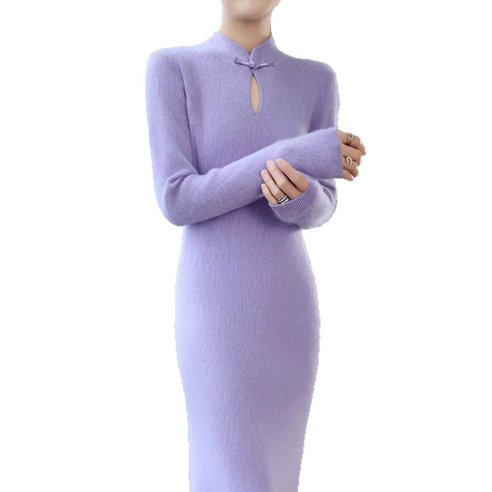 Spring and autumn Chinese-style cheongsam stand-up collar plate-button mink velvet sweater dress slim and slim sweater skirt - Image 3