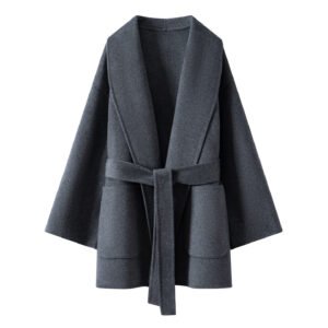 Double-sided wool coat for women medium-length and petite bathrobe lace-up cashmere coat high-end