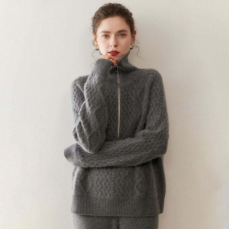 Women's thickened turtleneck zipper cashmere sweater sweater cable warm versatile top - Image 10