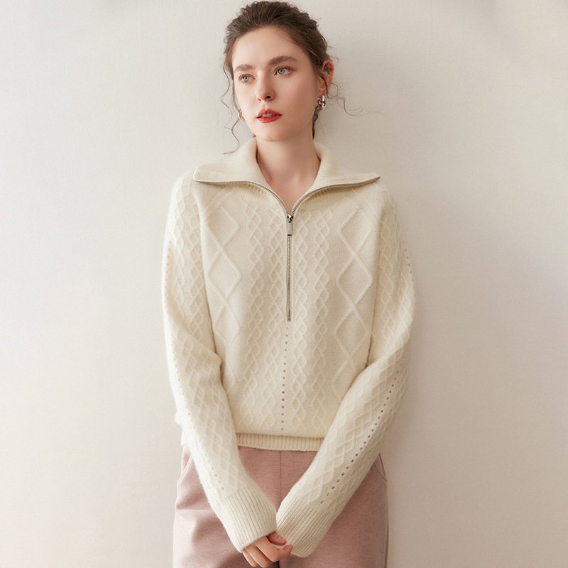 Women's thickened turtleneck zipper cashmere sweater sweater cable warm versatile top - Image 4