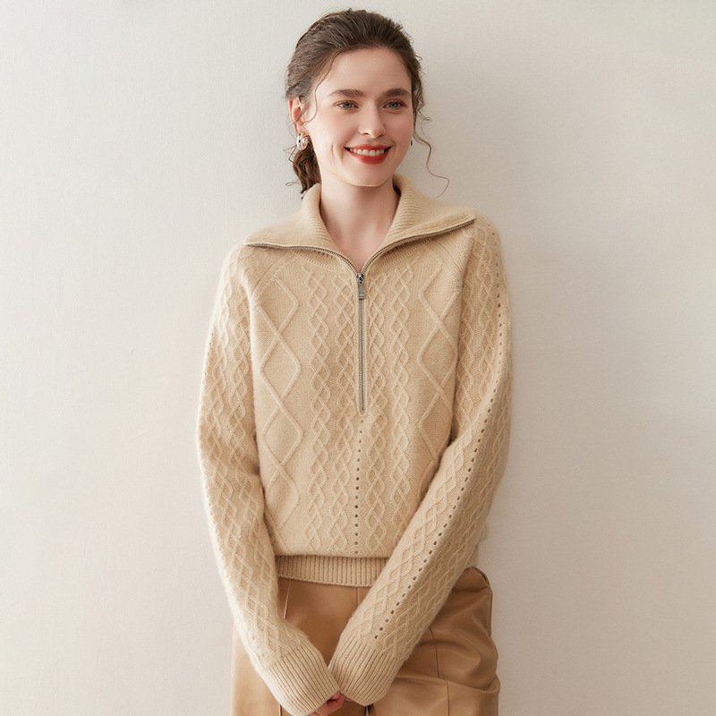 Women's thickened turtleneck zipper cashmere sweater sweater cable warm versatile top - Image 8