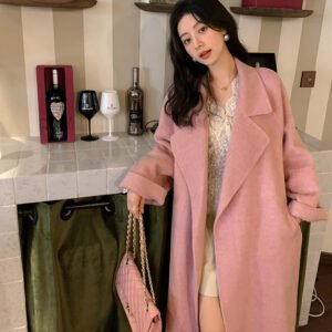 Elegant lapel long camel hair coat for women, lace-up waist, high-end double-sided woolen coat