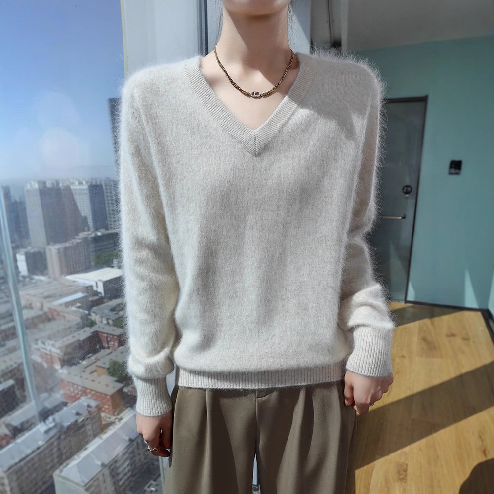 Spring and Autumn women's collared knitted bottoming sweater, versatile short pullover mink sweater, loose sweater inner layer - Image 2