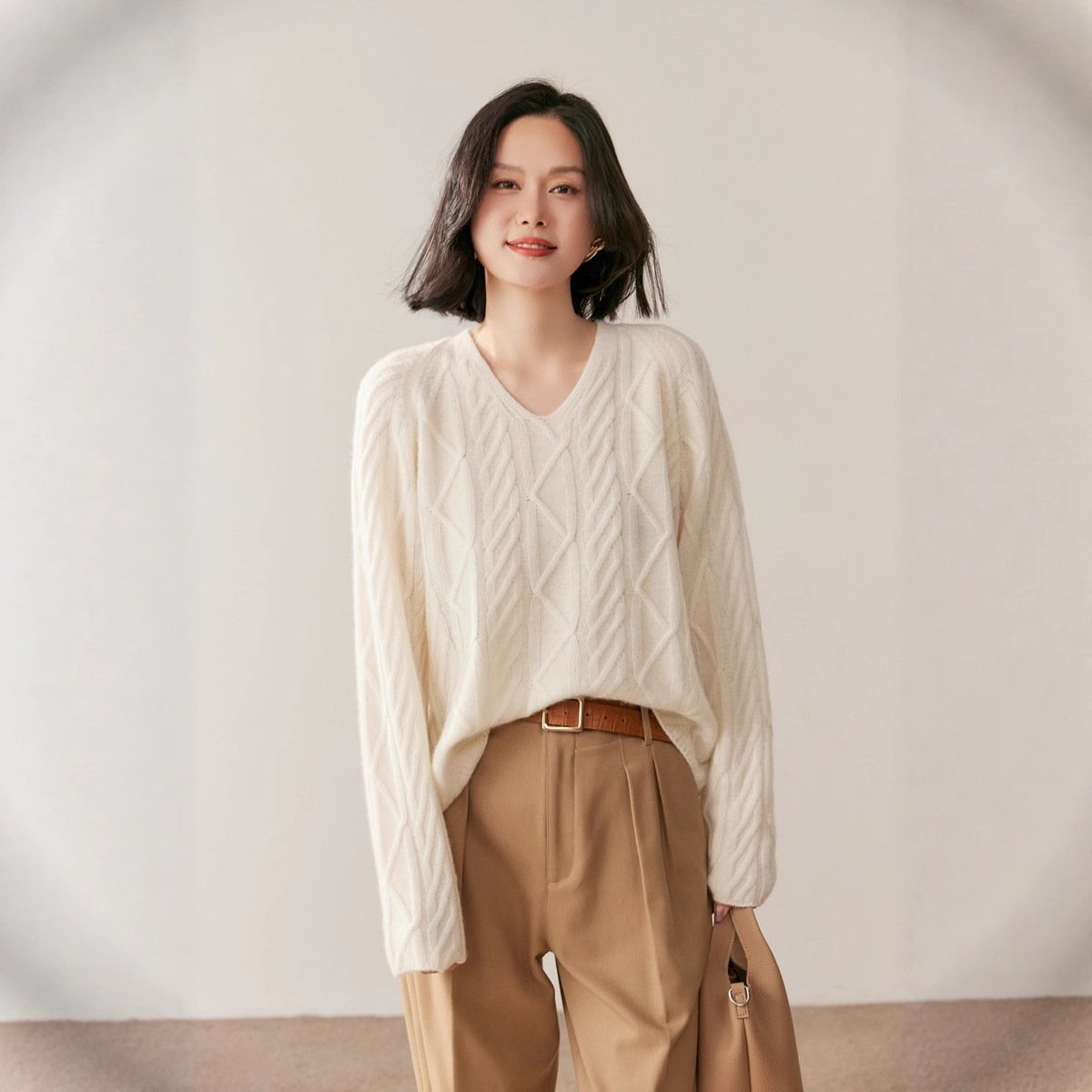 Women's thick collar cable cashmere sweater base warm versatile sweater warm - Image 8
