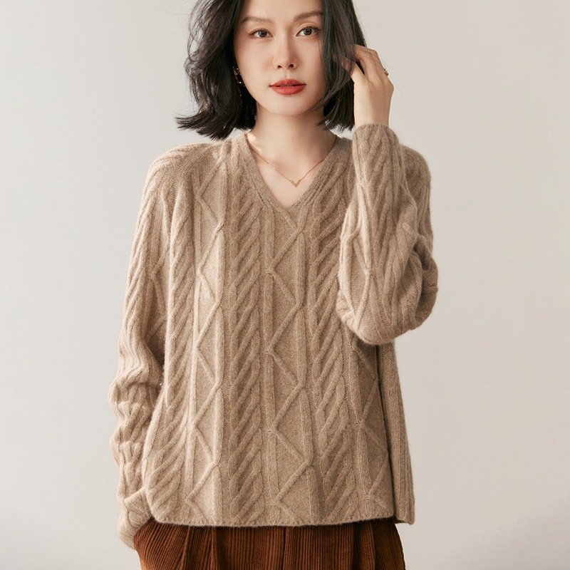 Women's thick collar cable cashmere sweater base warm versatile sweater warm - Image 10