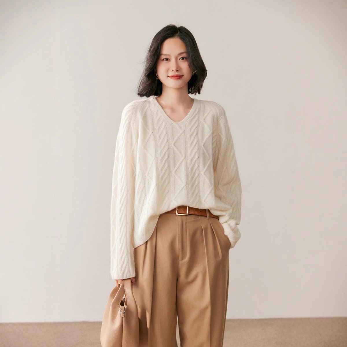 Women's thick collar cable cashmere sweater base warm versatile sweater warm - Image 2