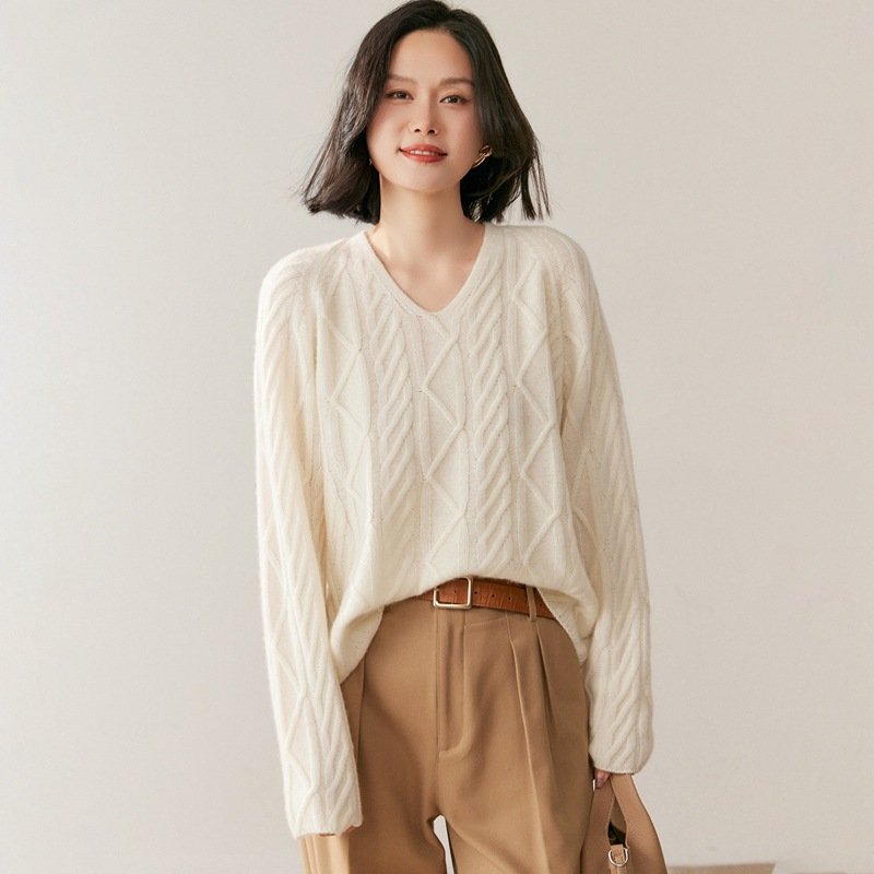 Women's thick collar cable cashmere sweater base warm versatile sweater warm - Image 9