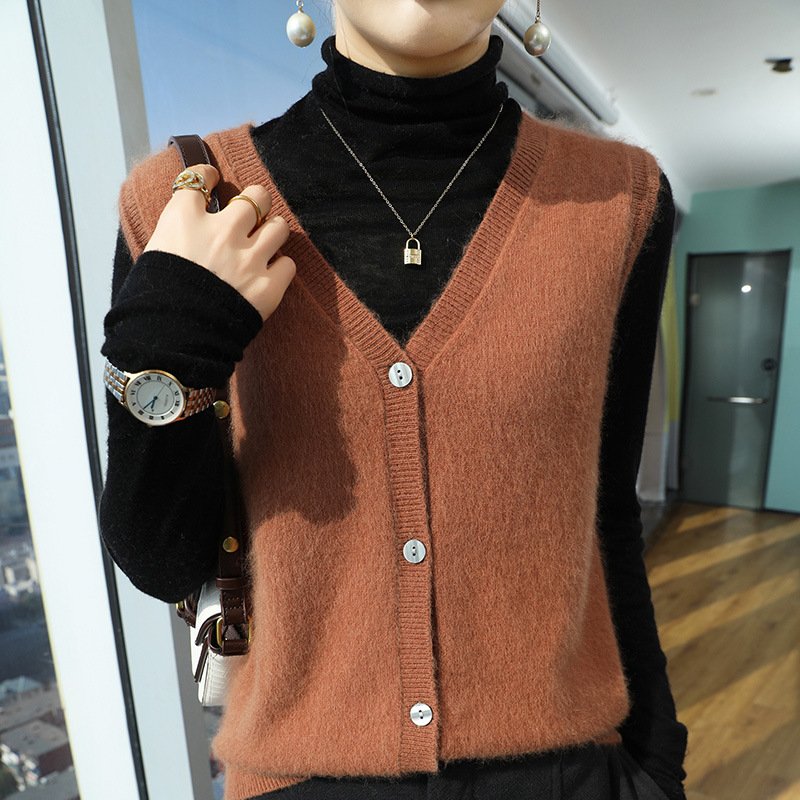 Spring and Autumn Sleeveless Wool Cardigan Vest Collar Mink Velvet Waistcoat Sweater Top Fleece Sweater Simple Fashionable Knitting - Image 8
