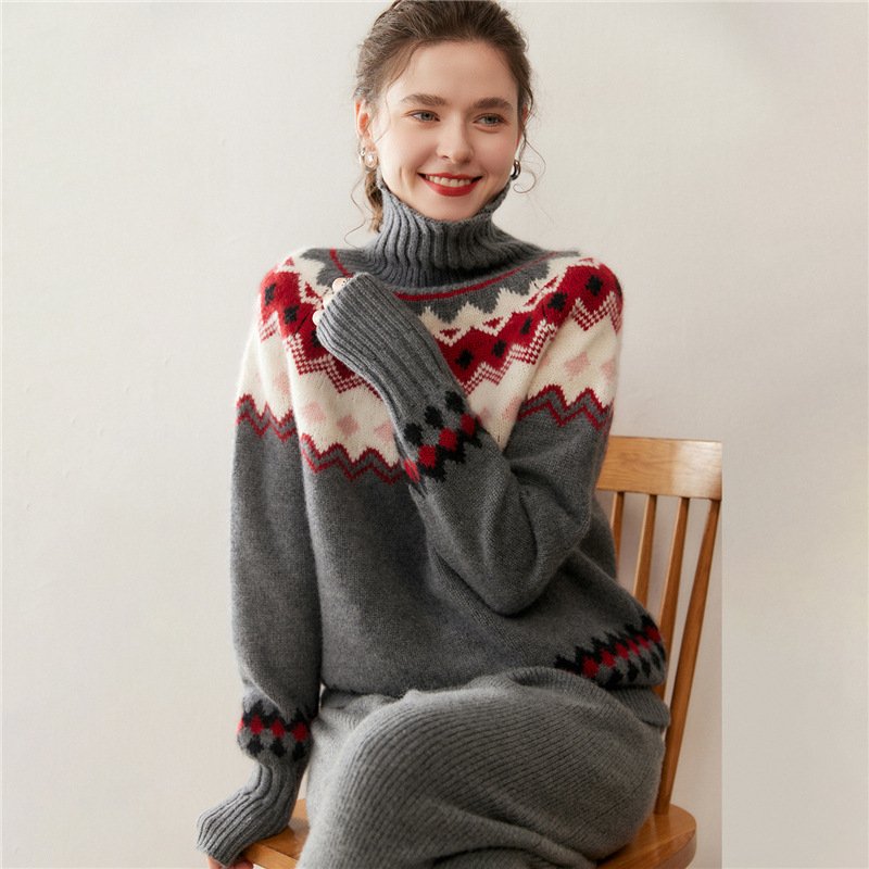 Contrast color warm and skin-friendly cashmere sweater loose thickened sweater Fair Isle turtleneck versatile - Image 5