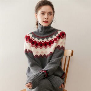Contrast color warm and skin-friendly cashmere sweater loose thickened sweater Fair Isle turtleneck versatile