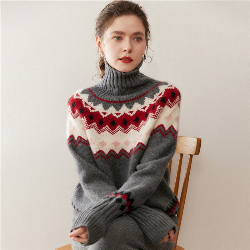 Contrast color warm and skin-friendly cashmere sweater loose thickened sweater Fair Isle turtleneck versatile
