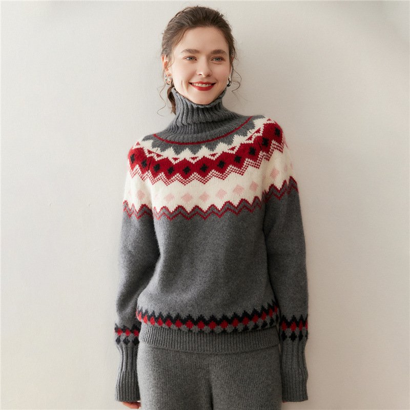 Contrast color warm and skin-friendly cashmere sweater loose thickened sweater Fair Isle turtleneck versatile - Image 2