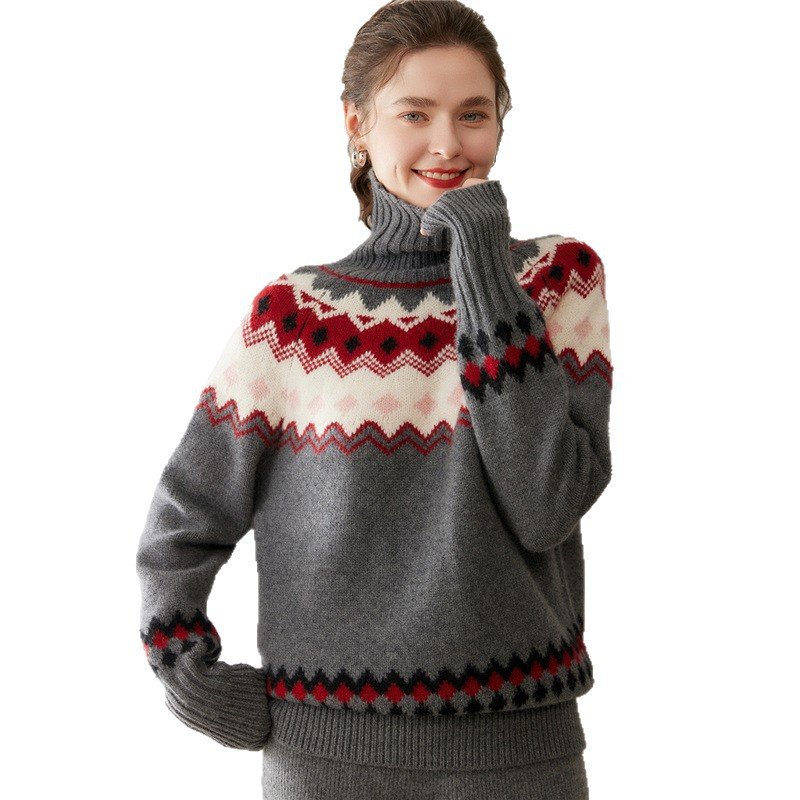 Contrast color warm and skin-friendly cashmere sweater loose thickened sweater Fair Isle turtleneck versatile - Image 3