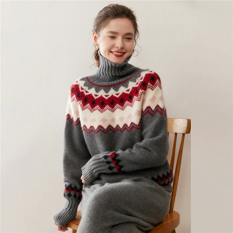 Contrast color warm and skin-friendly cashmere sweater loose thickened sweater Fair Isle turtleneck versatile - Image 4
