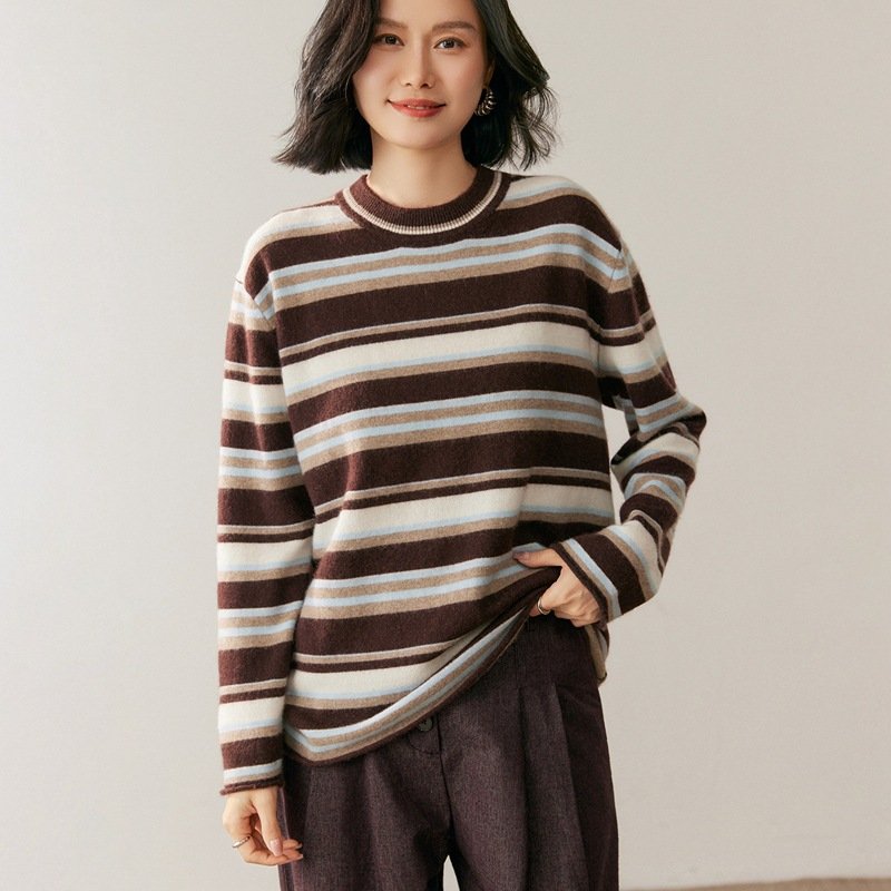 Retro contrast striped cashmere sweater for women, round neck, loose, lazy style, soft and waxy long-sleeved sweater - Image 6