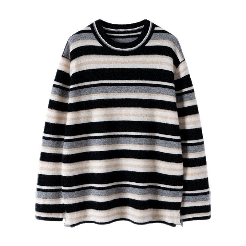 Retro contrast striped cashmere sweater for women, round neck, loose, lazy style, soft and waxy long-sleeved sweater - Image 3