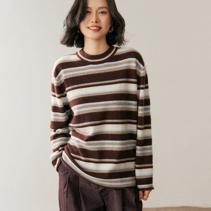 Retro contrast striped cashmere sweater for women, round neck, loose, lazy style, soft and waxy long-sleeved sweater - Image 4