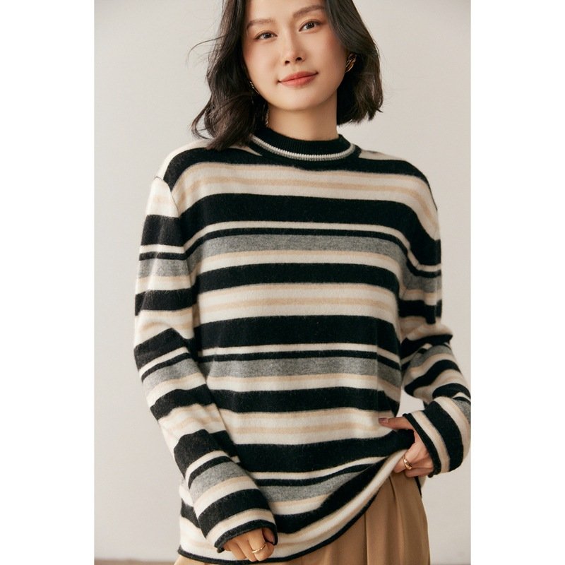 Retro contrast striped cashmere sweater for women, round neck, loose, lazy style, soft and waxy long-sleeved sweater - Image 8