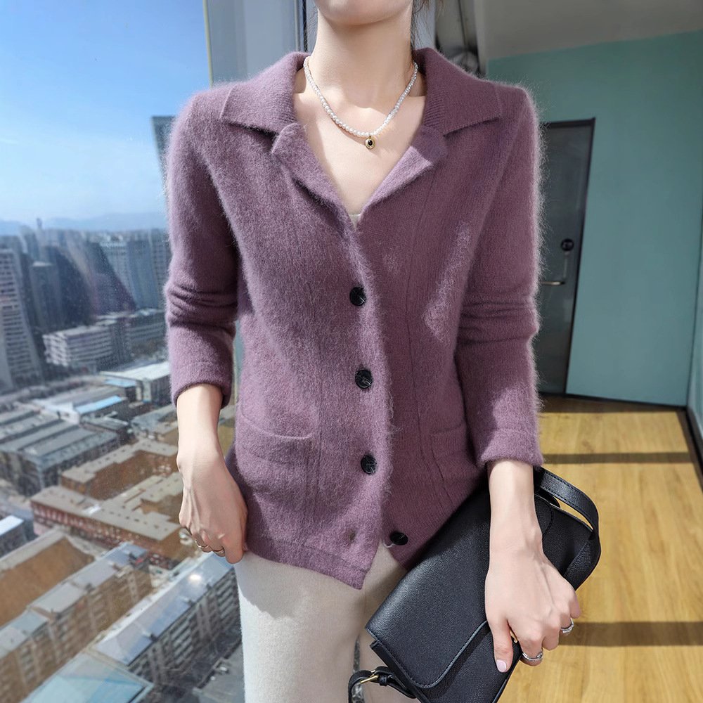 Spring and autumn suit collar knitted mink zipper cardigan jacket for women loose fashionable knitted sweater versatile sweater - Image 10