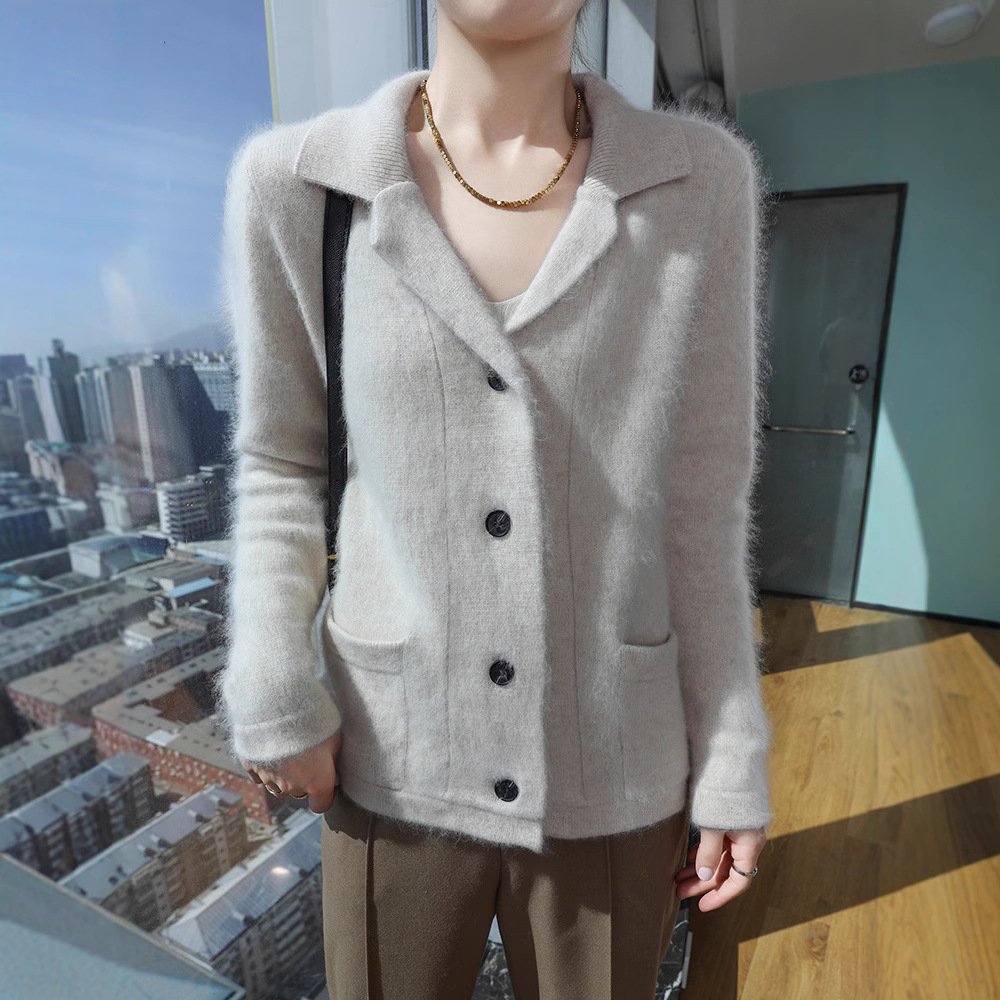 Spring and autumn suit collar knitted mink zipper cardigan jacket for women loose fashionable knitted sweater versatile sweater - Image 2