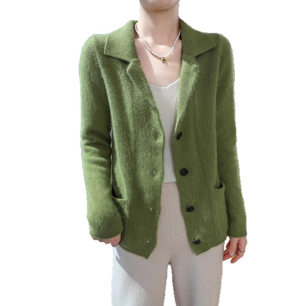 Spring and autumn suit collar knitted mink zipper cardigan jacket for women loose fashionable knitted sweater versatile sweater - Image 3