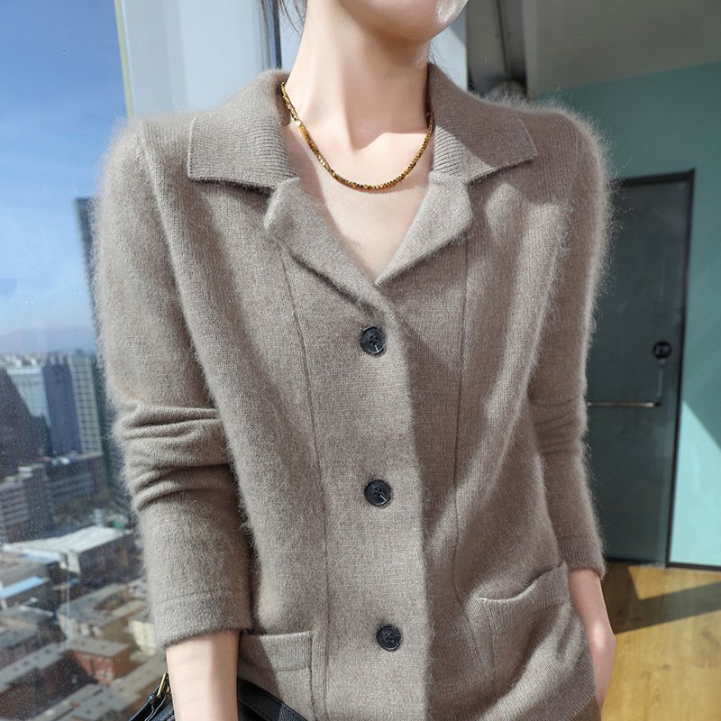 Spring and autumn suit collar knitted mink zipper cardigan jacket for women loose fashionable knitted sweater versatile sweater - Image 4