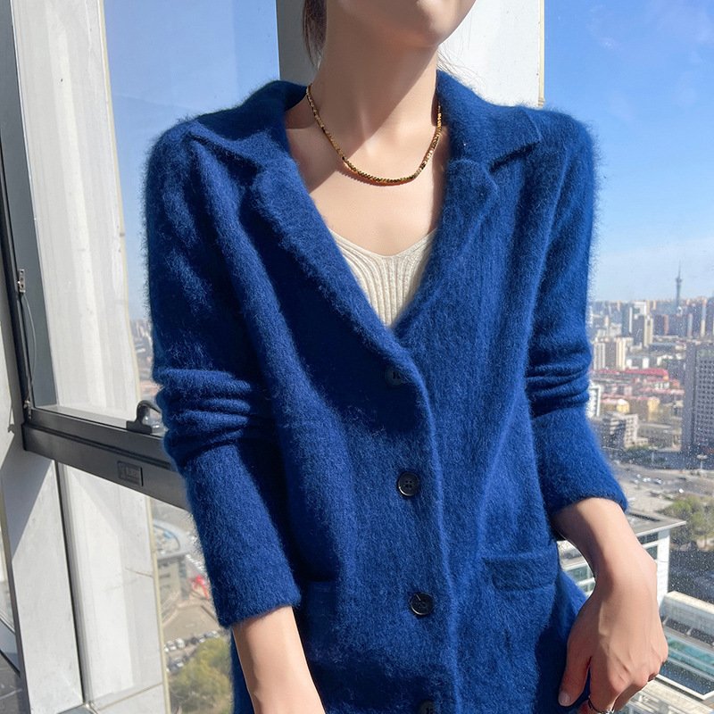 Spring and autumn suit collar knitted mink zipper cardigan jacket for women loose fashionable knitted sweater versatile sweater - Image 5