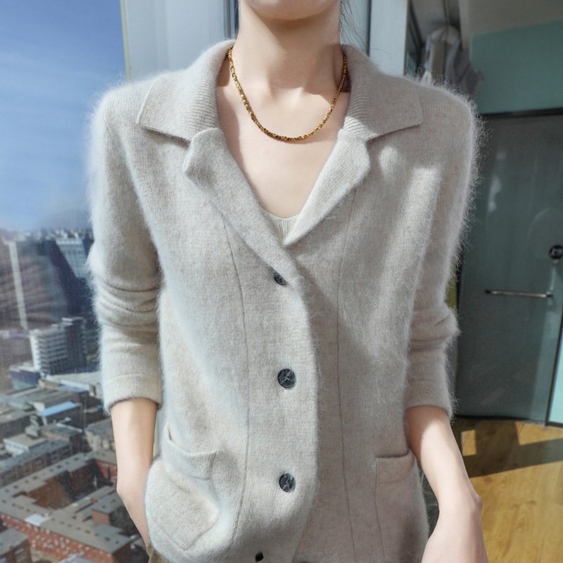 Spring and autumn suit collar knitted mink zipper cardigan jacket for women loose fashionable knitted sweater versatile sweater - Image 6