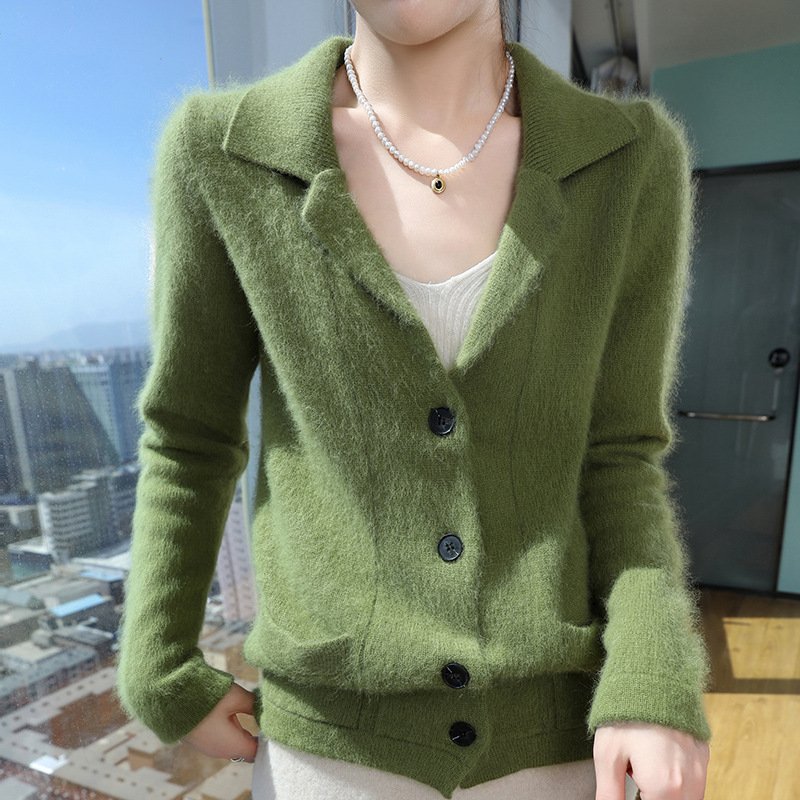 Spring and autumn suit collar knitted mink zipper cardigan jacket for women loose fashionable knitted sweater versatile sweater - Image 8