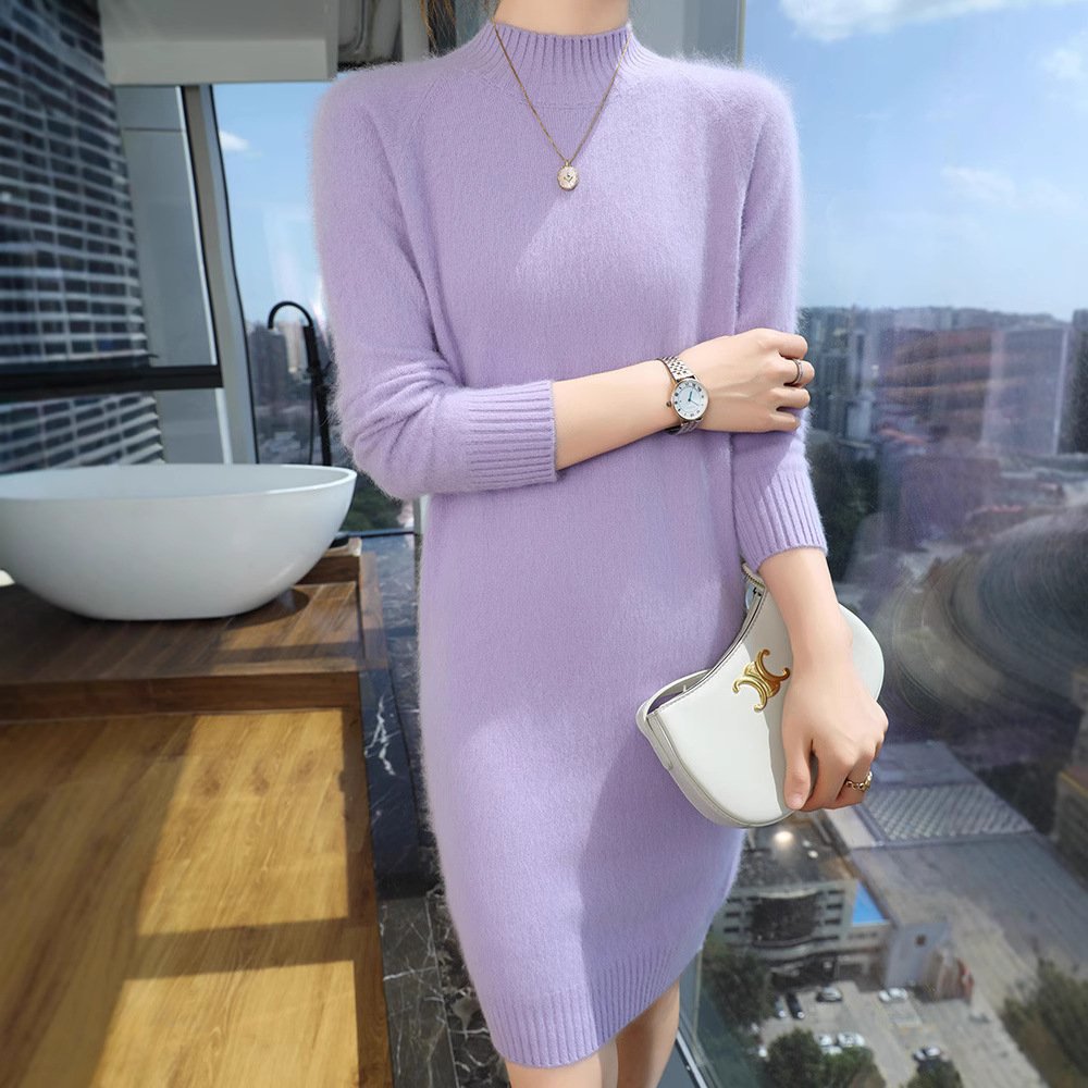 Spring and Autumn mid-length mink velvet knitted sweater skirt half turtleneck pullover hip bottoming skirt with women's knitted sweater underneath - Image 2