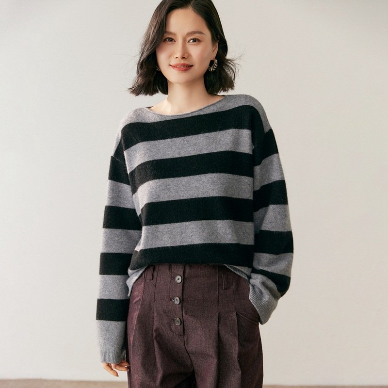 Large striped sweater casual versatile simple style cashmere sweater sweater thick base - Image 10
