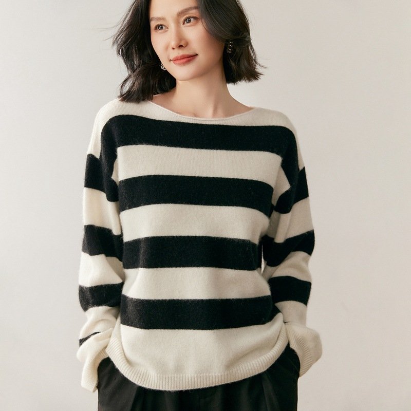 Large striped sweater casual versatile simple style cashmere sweater sweater thick base - Image 2