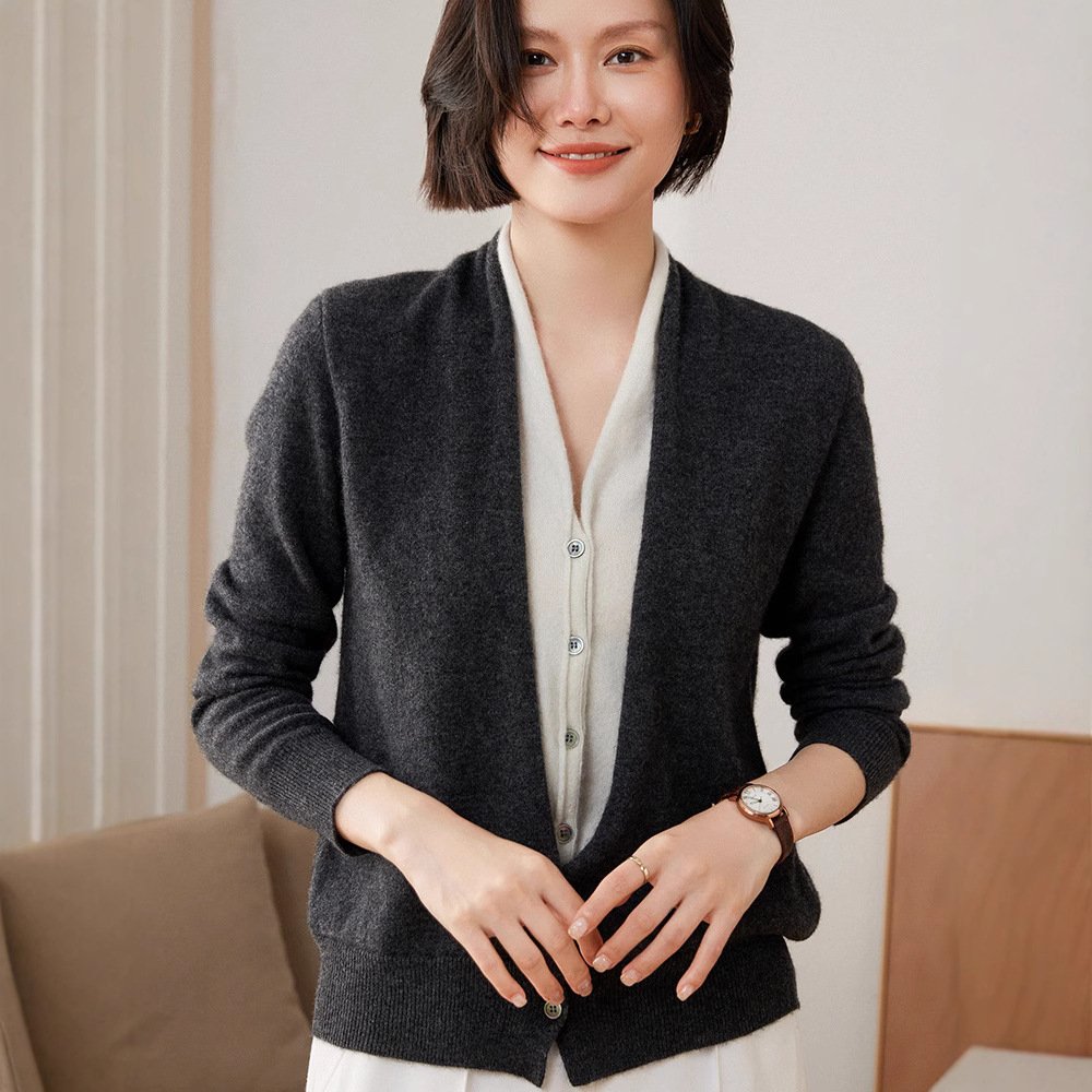 Early autumn cashmere women's versatile fake two-piece cardigan color-blocked commuting casual fashion high luxury sweater jacket - Image 8