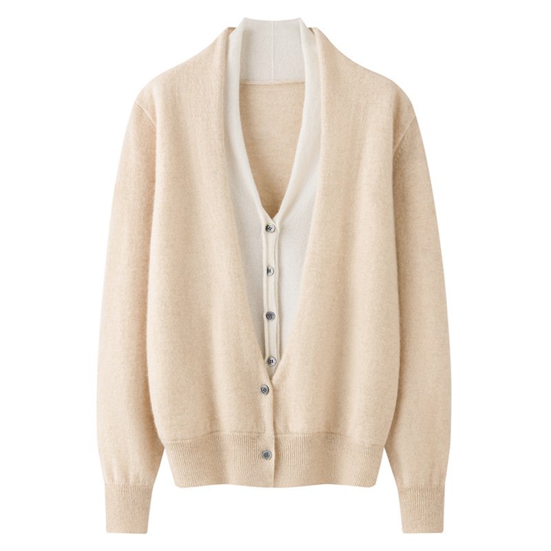 Early autumn cashmere women's versatile fake two-piece cardigan color-blocked commuting casual fashion high luxury sweater jacket - Image 4