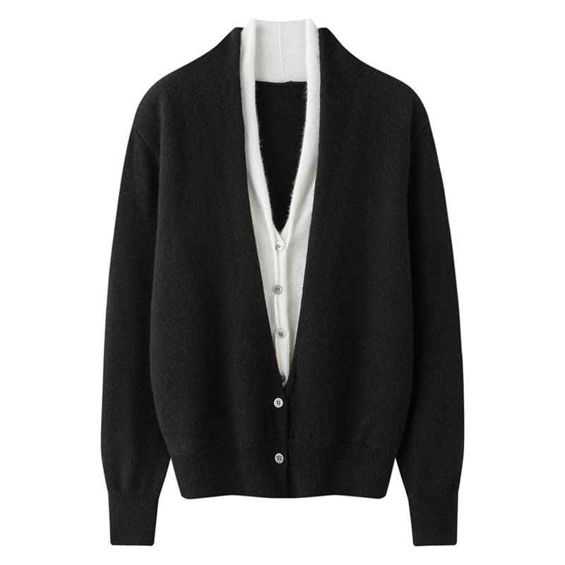Early autumn cashmere women's versatile fake two-piece cardigan color-blocked commuting casual fashion high luxury sweater jacket - Image 5