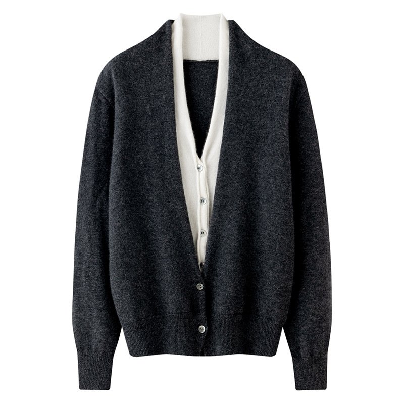 Early autumn cashmere women's versatile fake two-piece cardigan color-blocked commuting casual fashion high luxury sweater jacket - Image 6