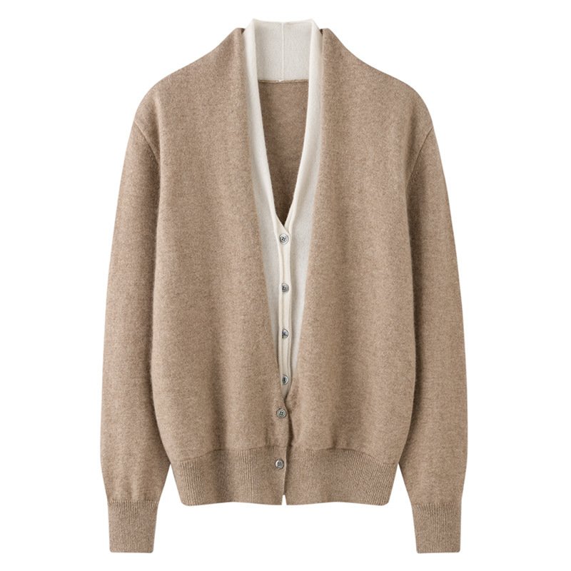 Early autumn cashmere women's versatile fake two-piece cardigan color-blocked commuting casual fashion high luxury sweater jacket - Image 7