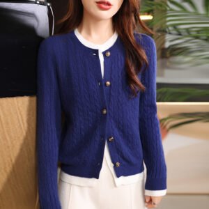 Fashionable women's fake two-piece wool cardigan solid color casual versatile wool warm and comfortable